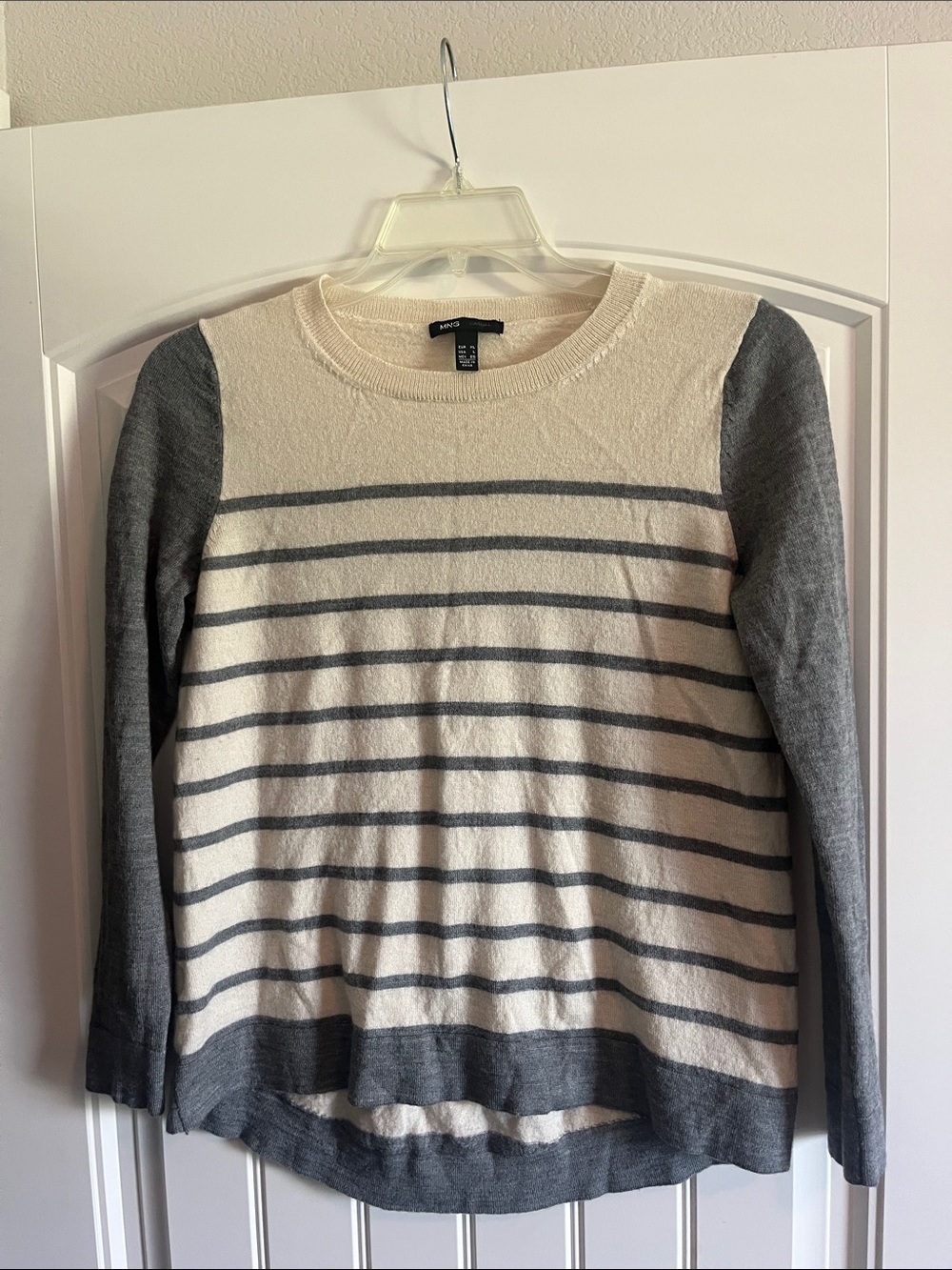MNG (Mango) Cream & Gray Striped Crewneck Sweater